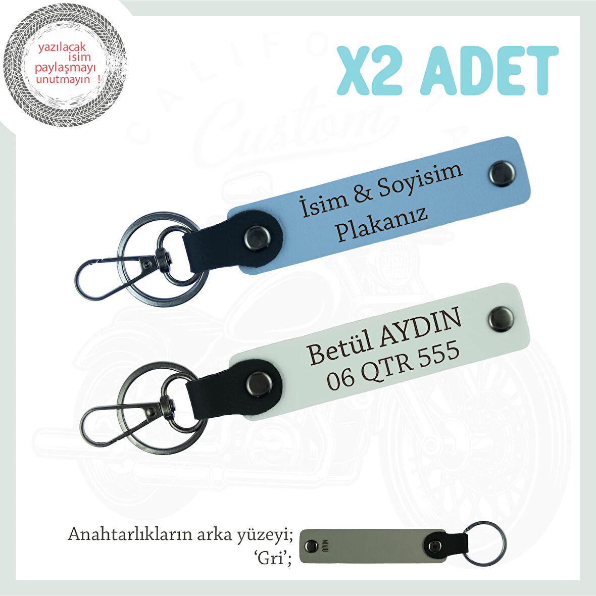 Motosiklet Aşıkları İçin, İsim Plaka Yazılı Kişiselleştirilebilir x2 Anahtarlık, Mavi-Beyaz-Gr