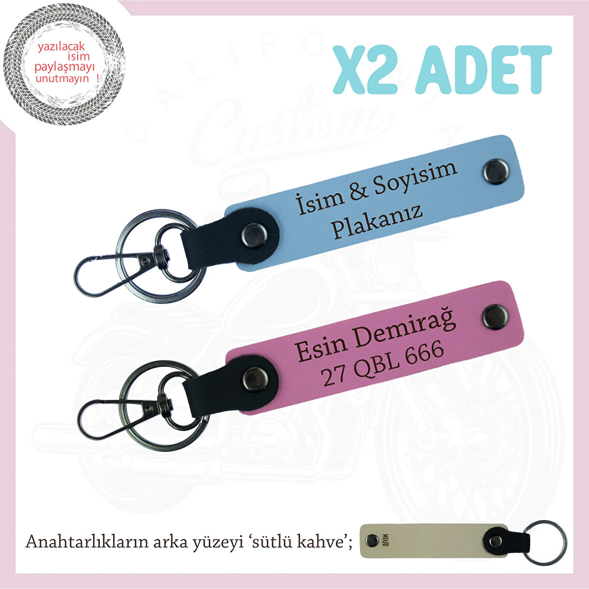 Motorcu Tarzına Uygun, İsim Ve Plaka Yazılı x2 Anahtarlık, Hediyelik Deri Set, Mavi-Pembe-SK
