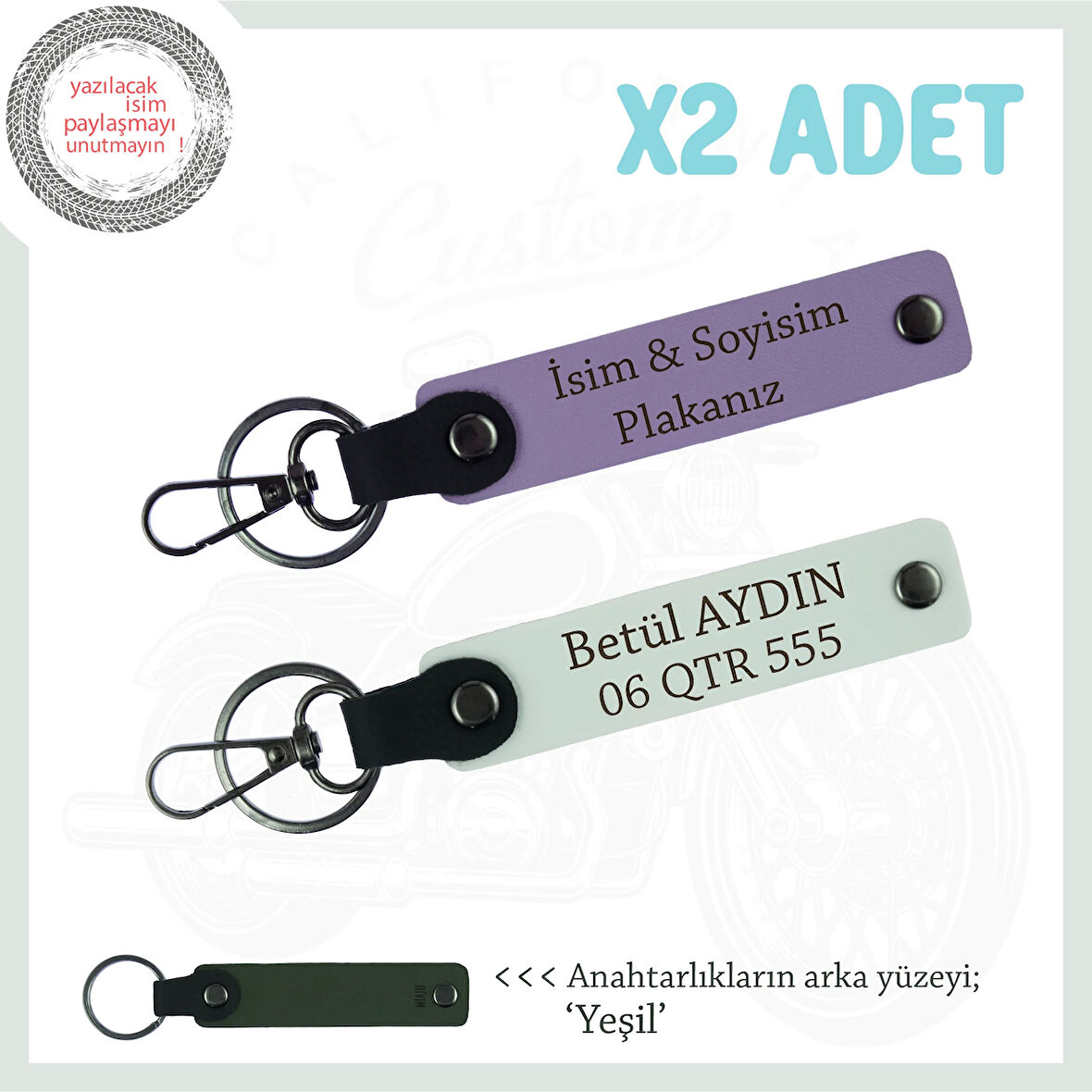Sevgililere Özel Gün Hediyesi, Üzerinde İsim Ve Plaka Yazılabilen x2 Anahtarlık Set, Mor-Beyaz-Ysl