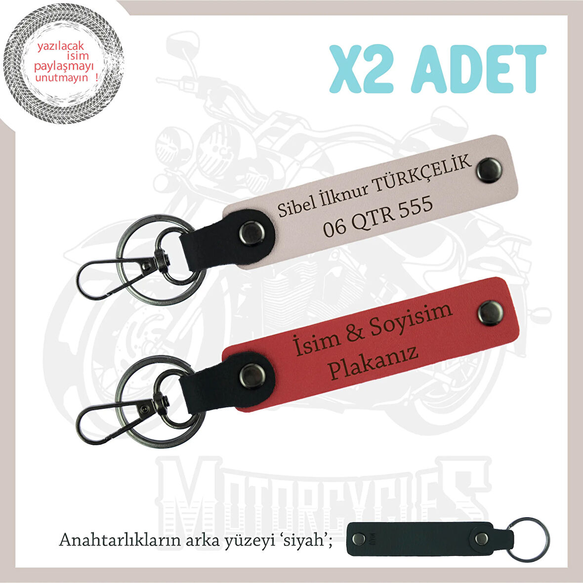 Motorculara Özel Üretilmiş, İsim Ve Plaka Yazılı Kişisel x2' li Anahtarlık Set, Nar Çiçeği-Pudra-Syh