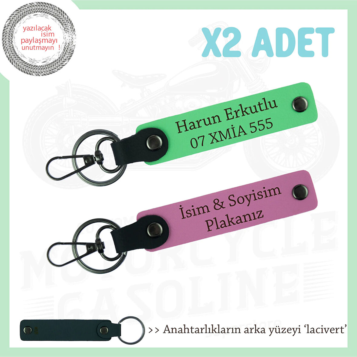Ekiplere Özel Hediyelik Set, İsim Ve Plaka Yazılabilen x2'li Anahtarlık, Pembe-F Yeşil-Laci