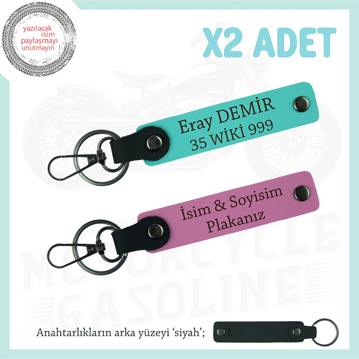 Yolların Sürücülerine Özel, İsim Ve Plaka Yazılı x2'li Anahtarlık, Hediyelik Set, Pembe-Turkuaz-Syh