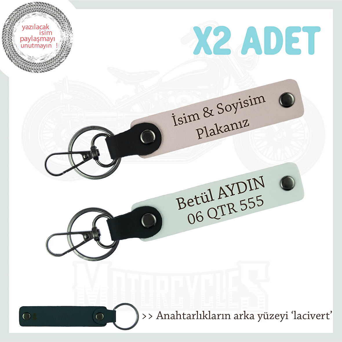 Motorcu Sevgiliye Özel Hediye İsim Ve Plaka Yazılı x2'li Anahtarlık Set, Pudra-Beyaz-Laci