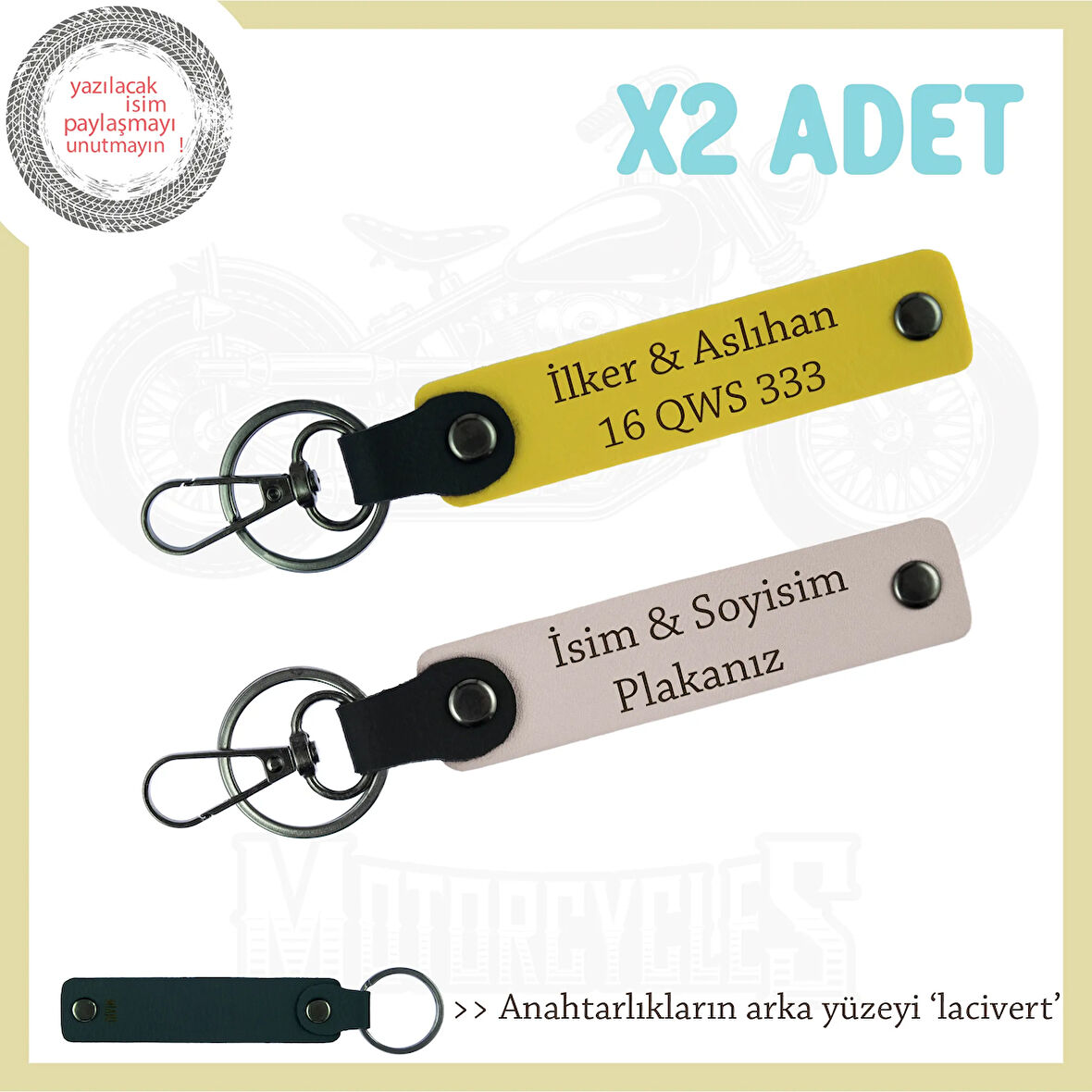 Fark Yaratan Hediye Seçeneği – 2’li Deri Anahtarlık Kişisel Tasarımlı Plaka & İsim, Pudra-Sarı-Laci