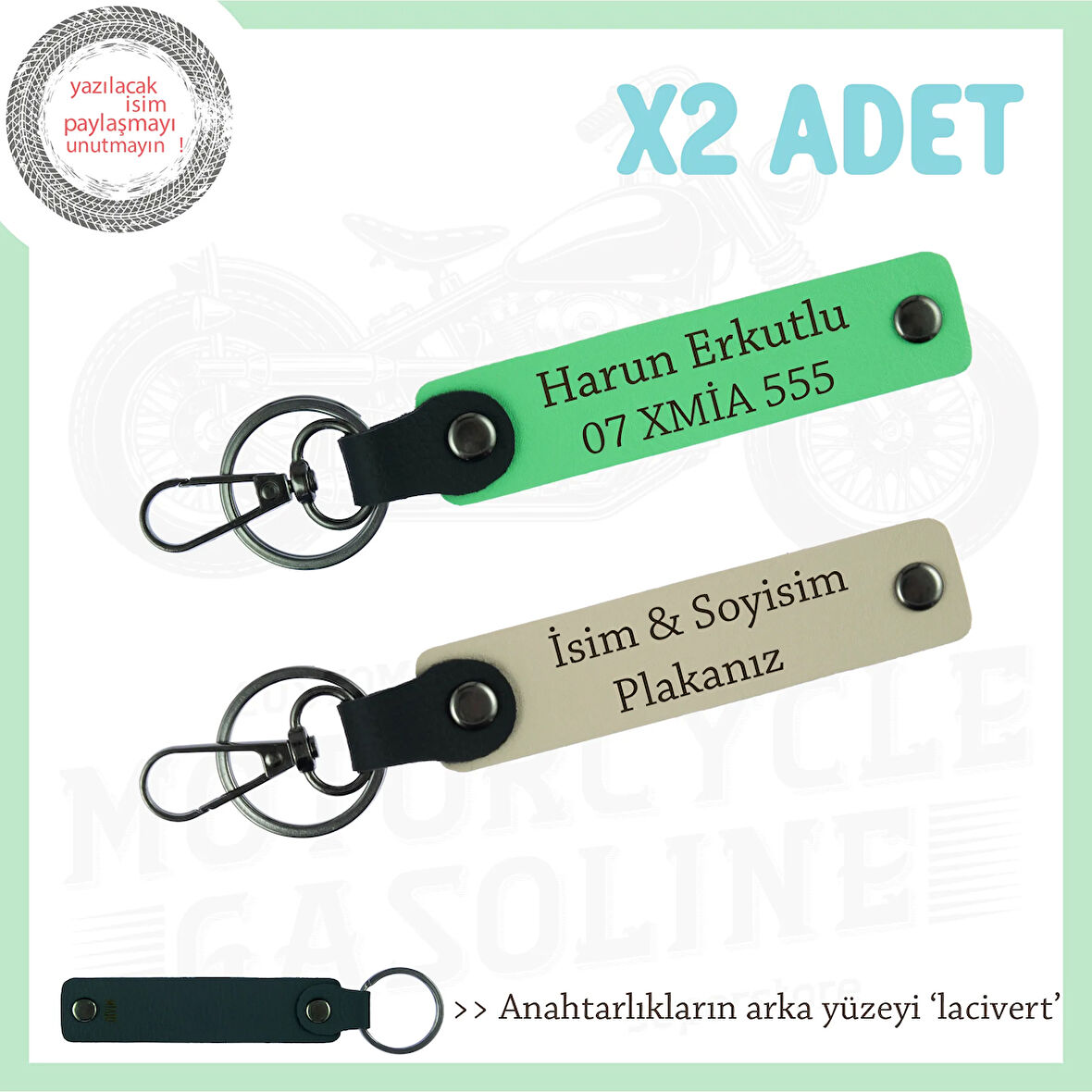 İkili Anahtarlık – İsim & Plaka Yazılabilir Kişiye Özel Hediye Seti, Sütlü Kahve-F Yeşil-Laci