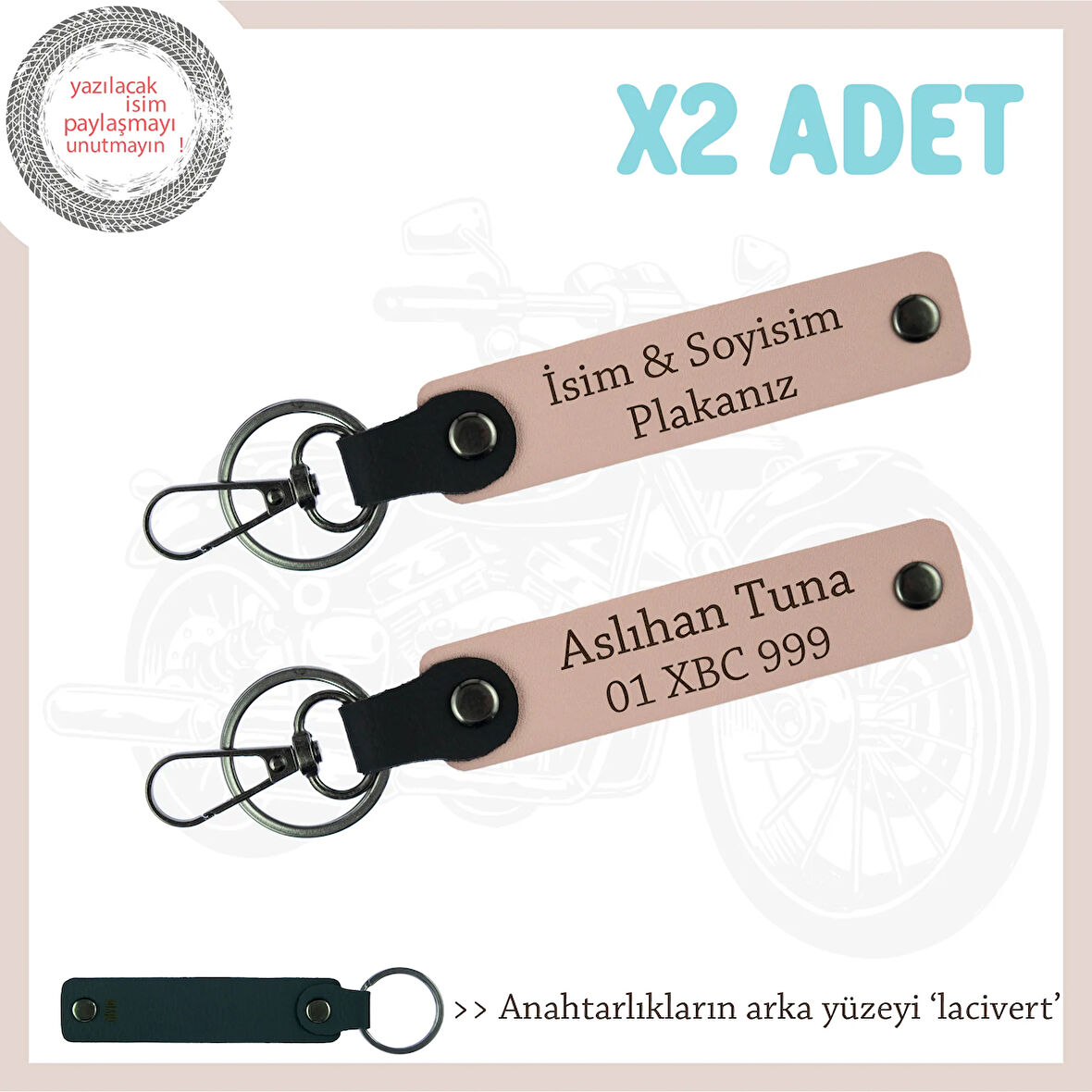 Kurye ve Motorculara Uygun İsim ve Plaka Yazılı 2’li Deri Anahtarlık Hediye, Yavruağzı-lacivert
