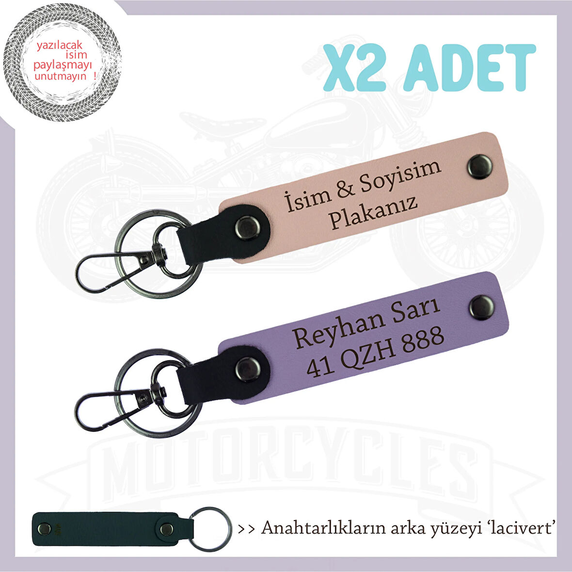 Motor Stiline Uygun, Kişiye Özel Deri 2’li Anahtarlık, Plaka ve İsim Yazılı, Yavruağzı-Mor-Laci