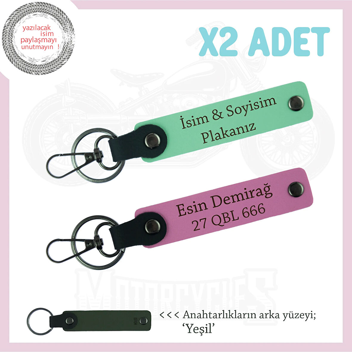 Sade Zarafet Arayanlara – Kişiye Özel Plaka & İsimli Deri Anahtarlıklar, Yeşil-Pembe-Ysl