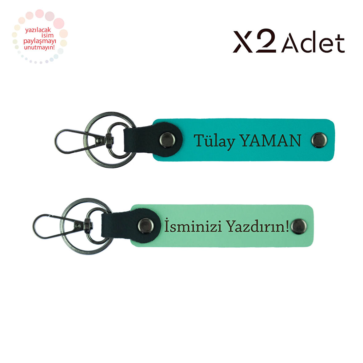 Arkadaşa Doğum Günü Armağanı, İsim & Soyisim Kişiselleştirilmiş 2’li Anahtarlık, Yeşil-Koyu Turkuaz