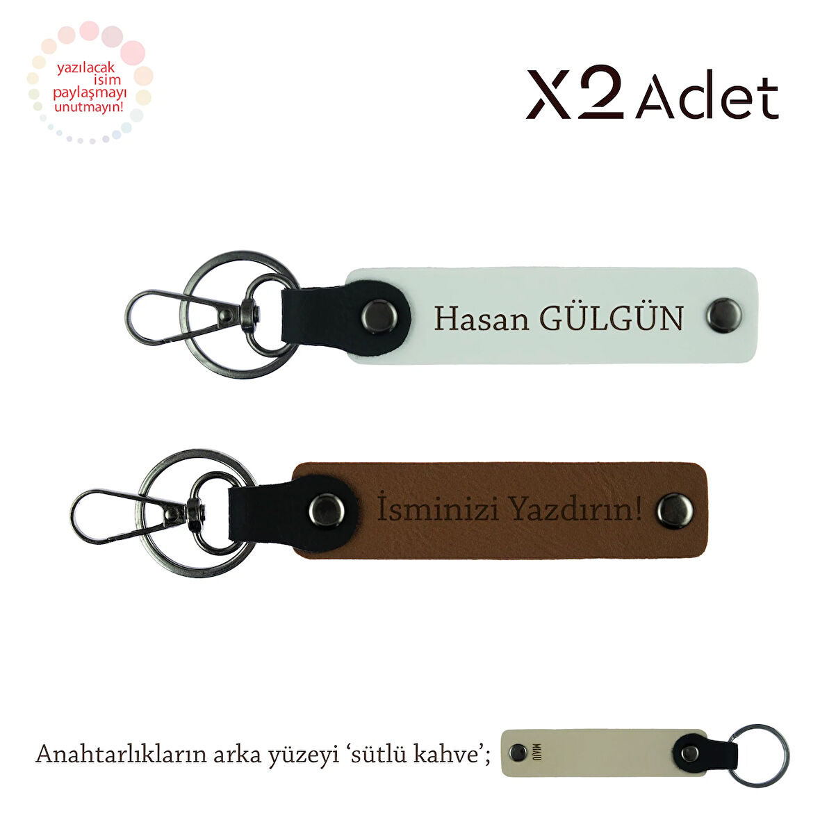 Arkadaşa Yılbaşı Hediyesi, İsim Yazılı 2’li Anahtarlık Seti, Açık Kahve-Beyaz-Sütlü Kahve