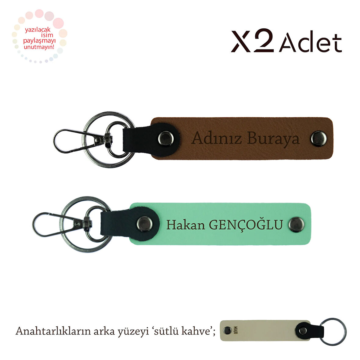 Dayıya Kalıcı Hatıra – İsim Soyisimli 2’li Hediyelik Anahtarlık, Açık Kahve-Yeşil-Sütlü Kahve