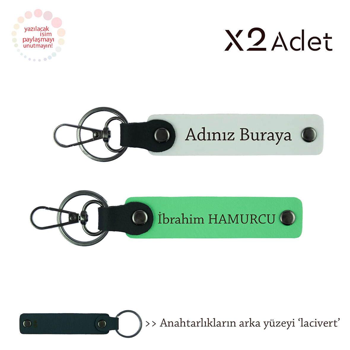 Sevgiliye Romantik Sürpriz – Çiftlere Uygun İsimli 2’li Anahtarlık, Beyaz-Fıstık Yeşil-Lacivert