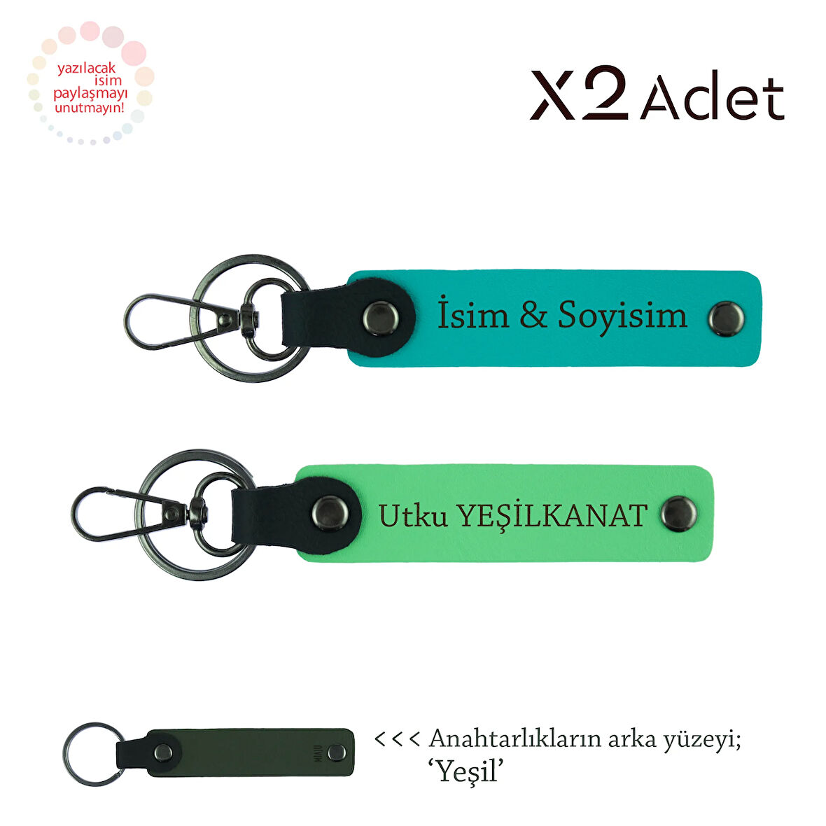 Yeni Evlilere Romantik Hediye İsim & Soyisim Yazılı 2’li Anahtarlık, Koyu Turkuaz-Fıstık Yeşil-Yeşil