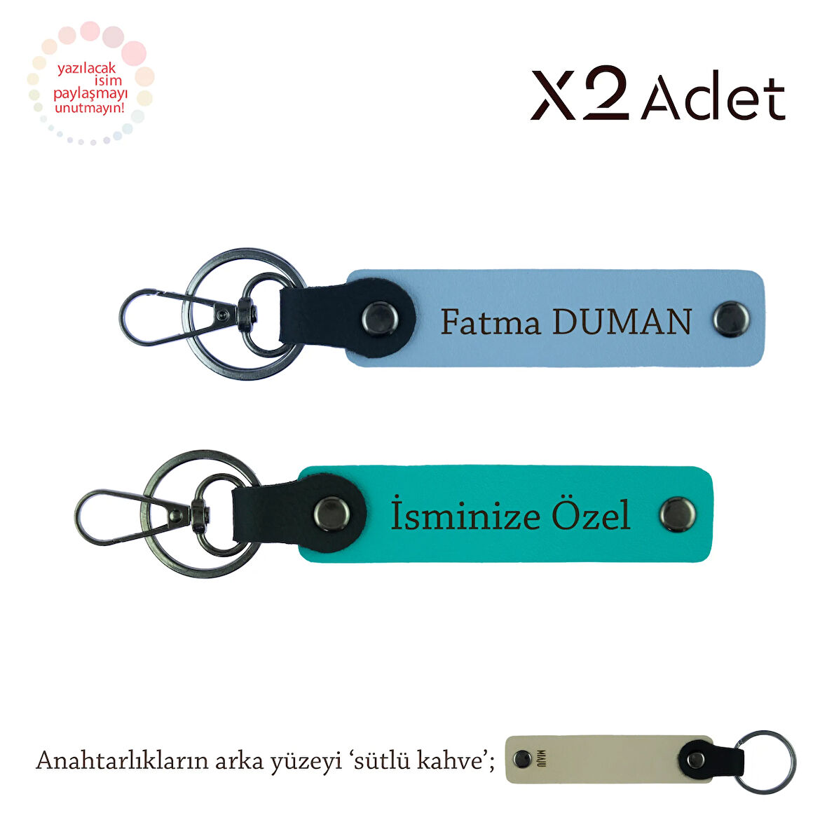 Kuzene Yılbaşı Sürprizi, İsim & Soyisim Yazılı 2’li Anahtarlık Hediye Seti, K Turkuaz-Mavi-S Kahve