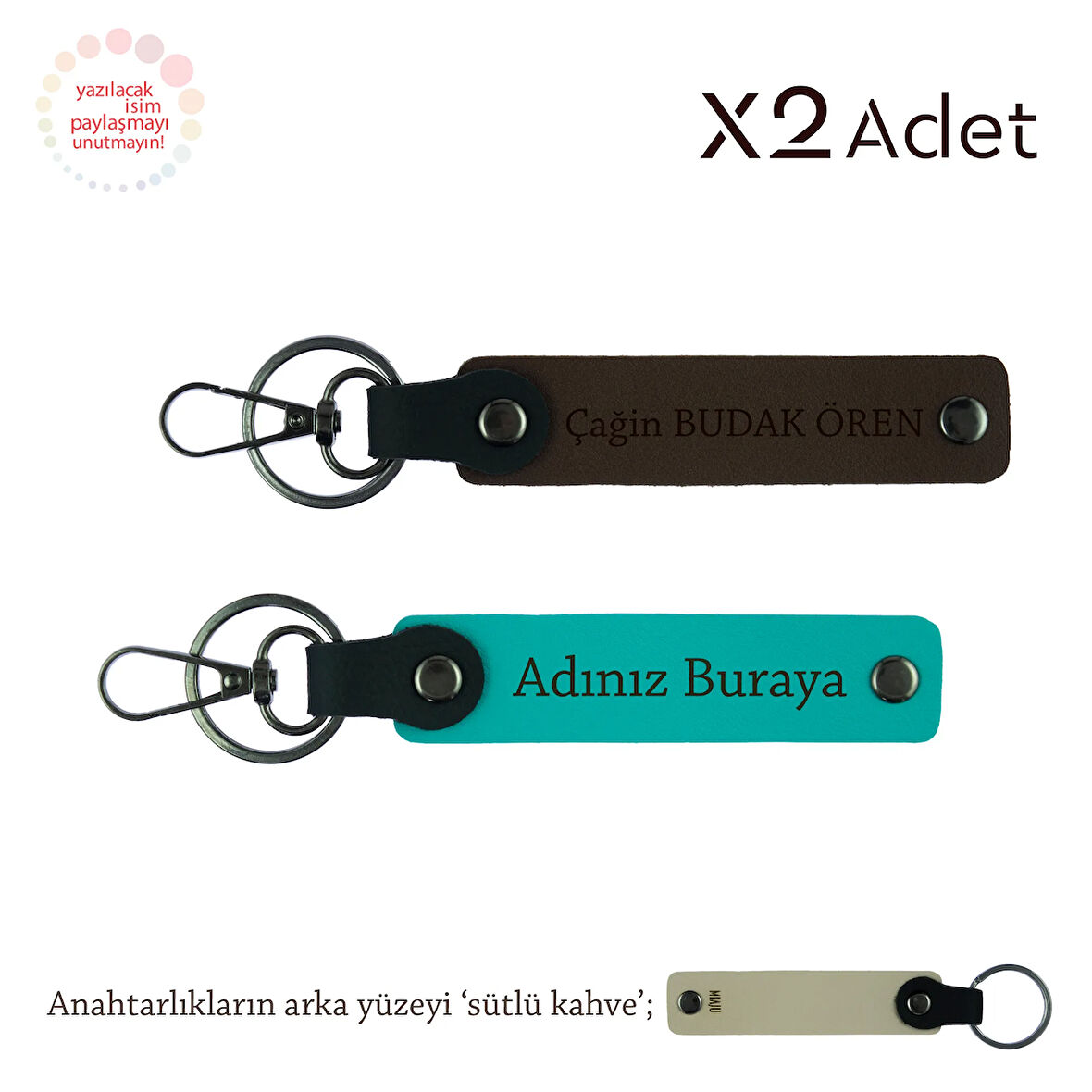 Sevgiliye Sıcacık Jest, İsim & Soyisim Yazılı 2’li Anahtarlık Hediye Set, K Turkuaz-K Kahve-S Kahve