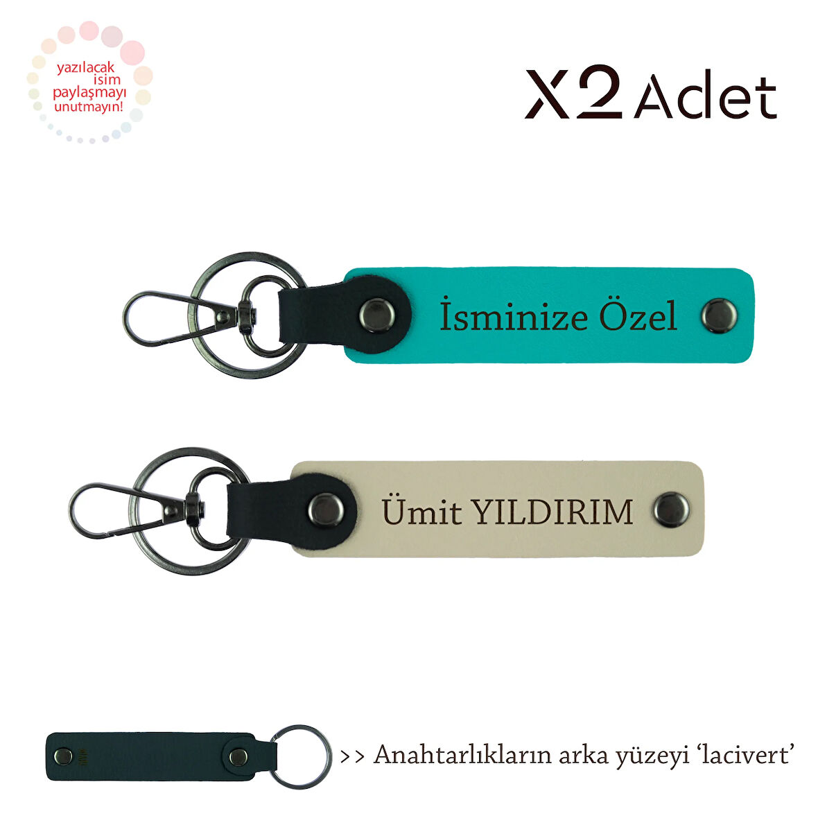 Çiftlere Doğum Günü Sürprizi, İsim & Soyisim Yazılabilen 2’li Anahtarlık, Koyu Turkuaz-S Kahve-Laci