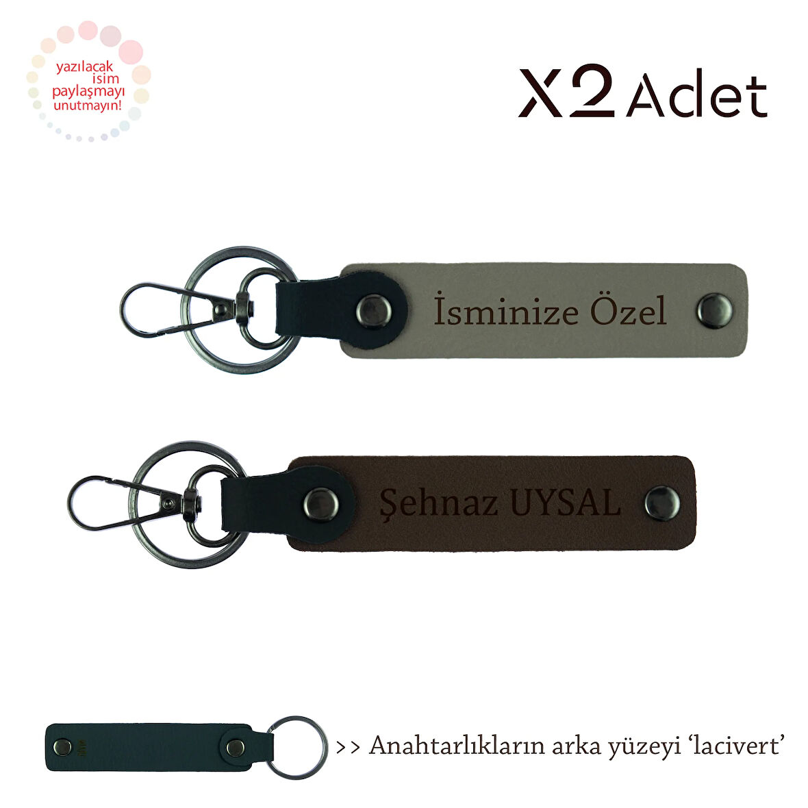 Öğretmene Özel Sürpriz, İsim & Soyisim Yazılı 2’li Anahtarlık Seti, Kül Gri-Koyu Kahve-Lacivert