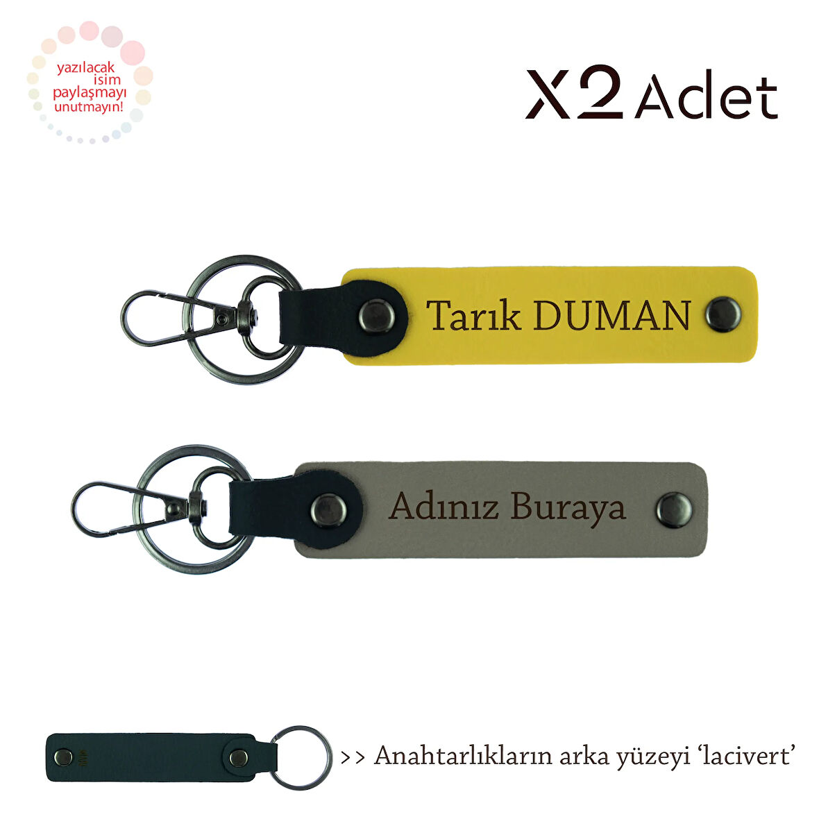 Babalar Gününe Anlamlı Anı, İsim Yazılı 2’li Anahtarlık Hediye Takımı, Kül Gri-Sarı-Lacivert