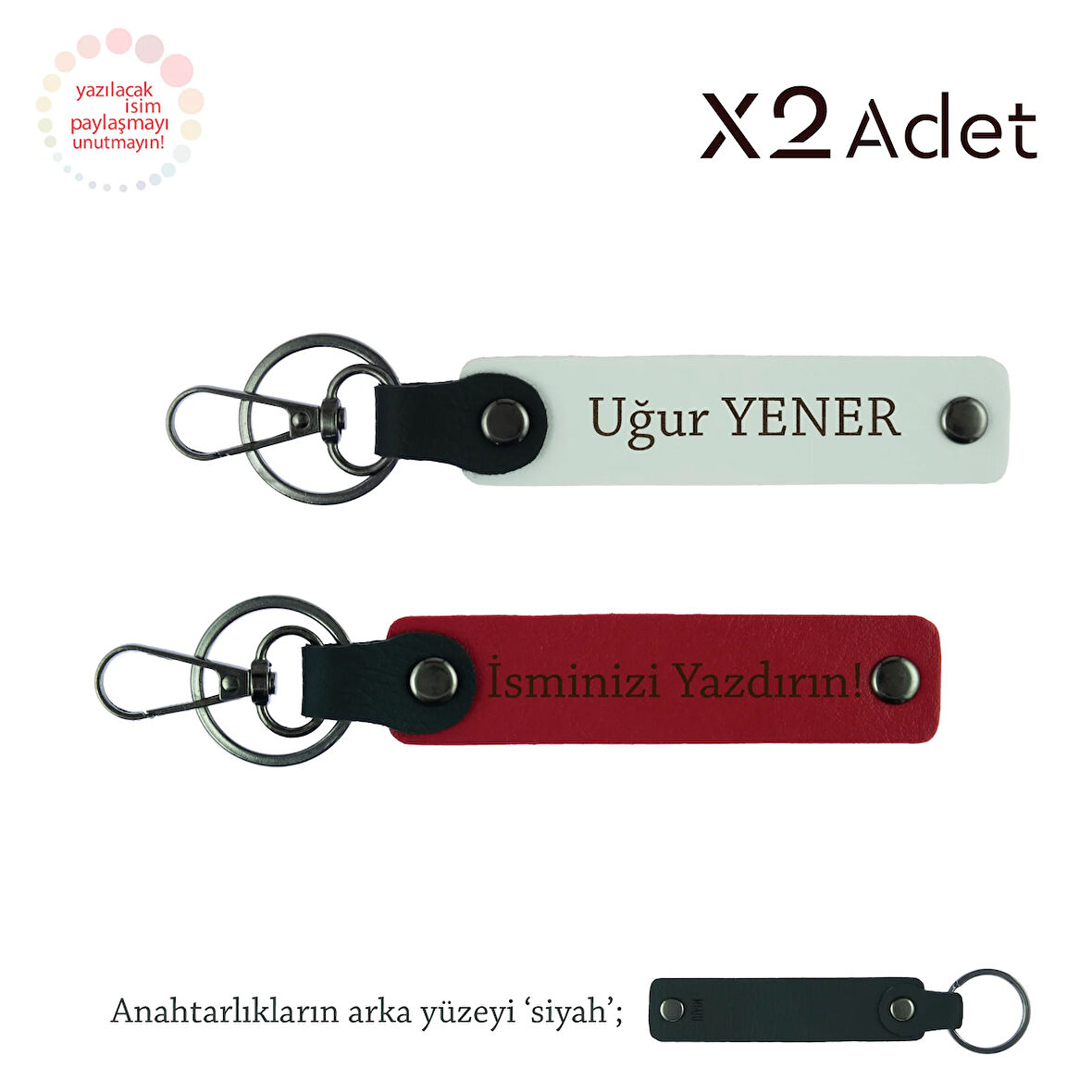 Akrabaya Manevi Hediye, İsim & Soyisim Yazılı 2’li Anahtarlık Seti, Kırmızı-Beyaz-Siyah