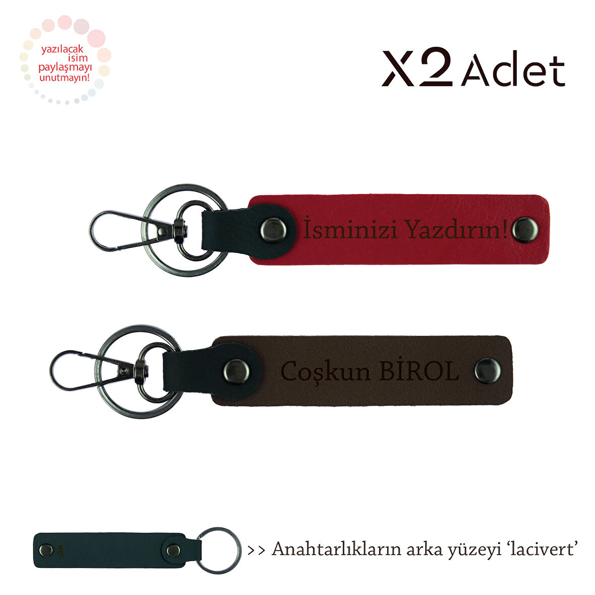 Dayıya Manevi Hediye, İsim & Soyisim Yazılı 2’li Anahtarlık Seti, Kırmızı-Koyu Kahve-Lacivert