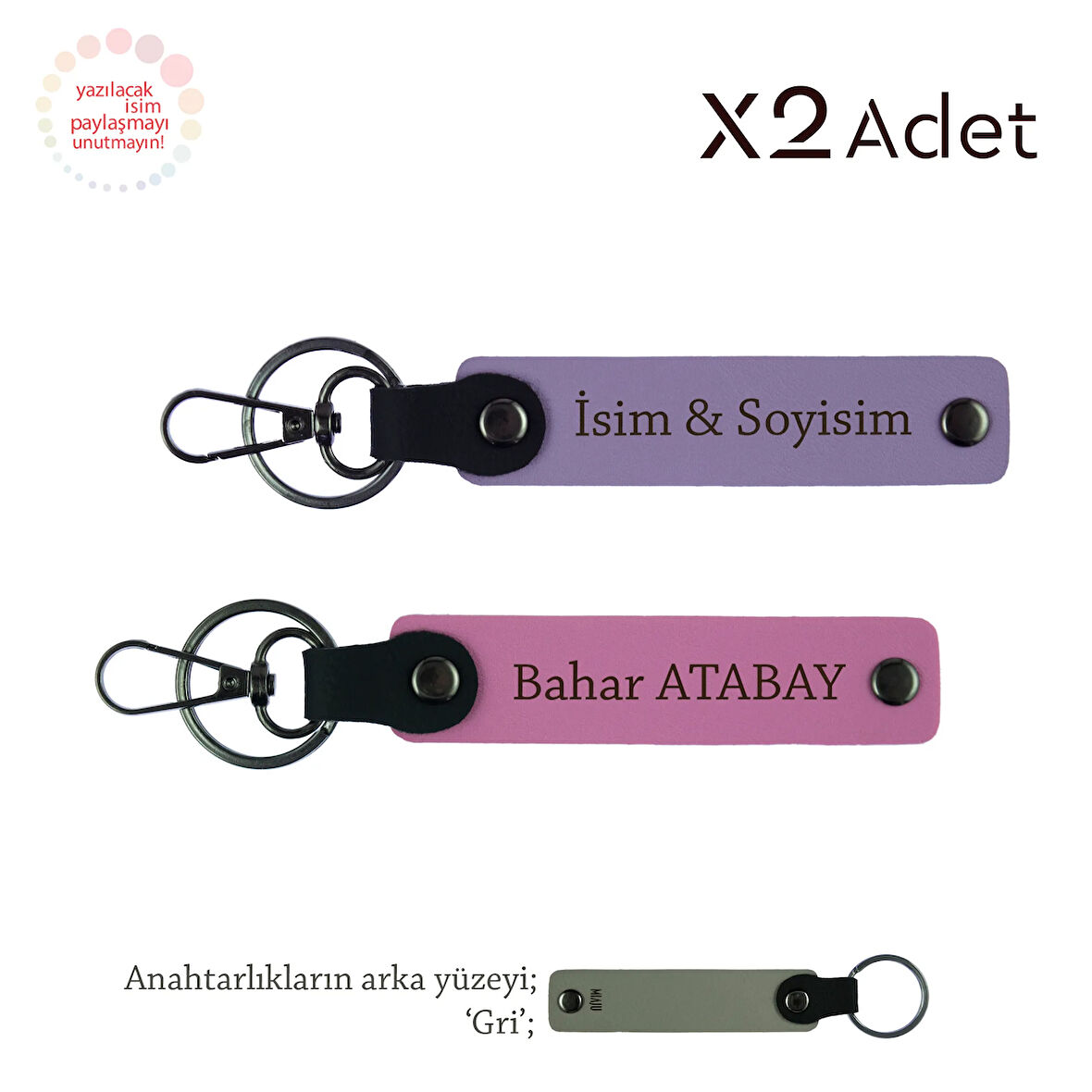 Teyzeye Şık Jest, İsim Yazılı Kişiye Özel Üretim 2’li Anahtarlık Takımı, Mor Menekşe-Pembe-Gri