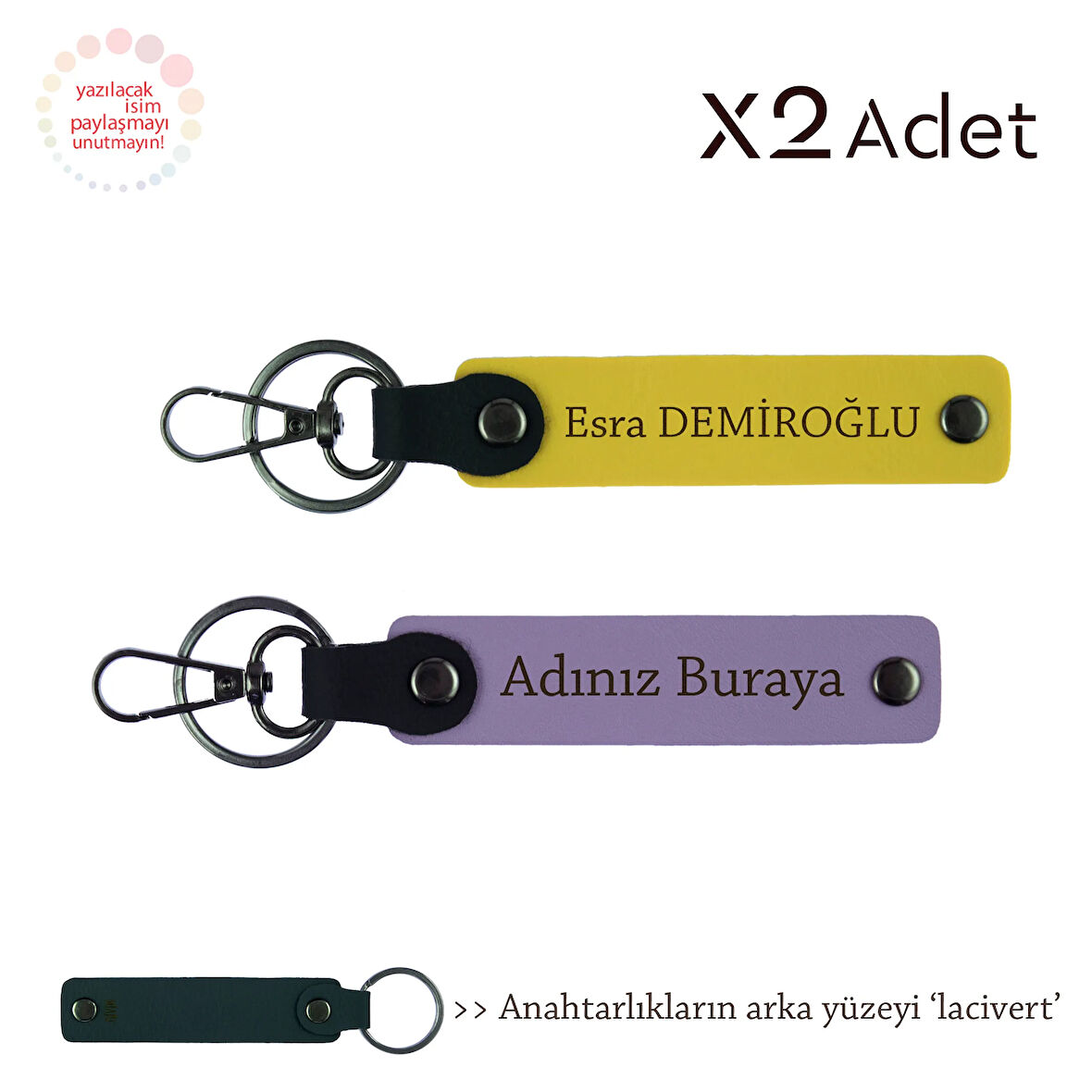 Çiftlere 14 Şubat Hediyesi, İsim & Soyisim Kişiselleştirilmiş 2’li Anahtarlık, Mor-Sarı-Lacivert