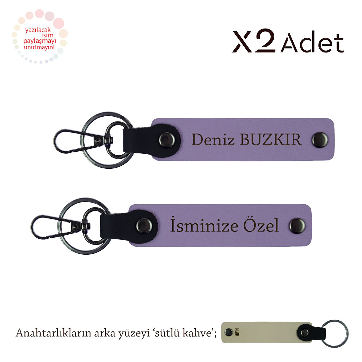 Akrabaya Yılbaşı Hediyesi, İsimli & Soyisimli 2’li Anahtarlık Seti, Mor Menekşe-Sütlü Kahve