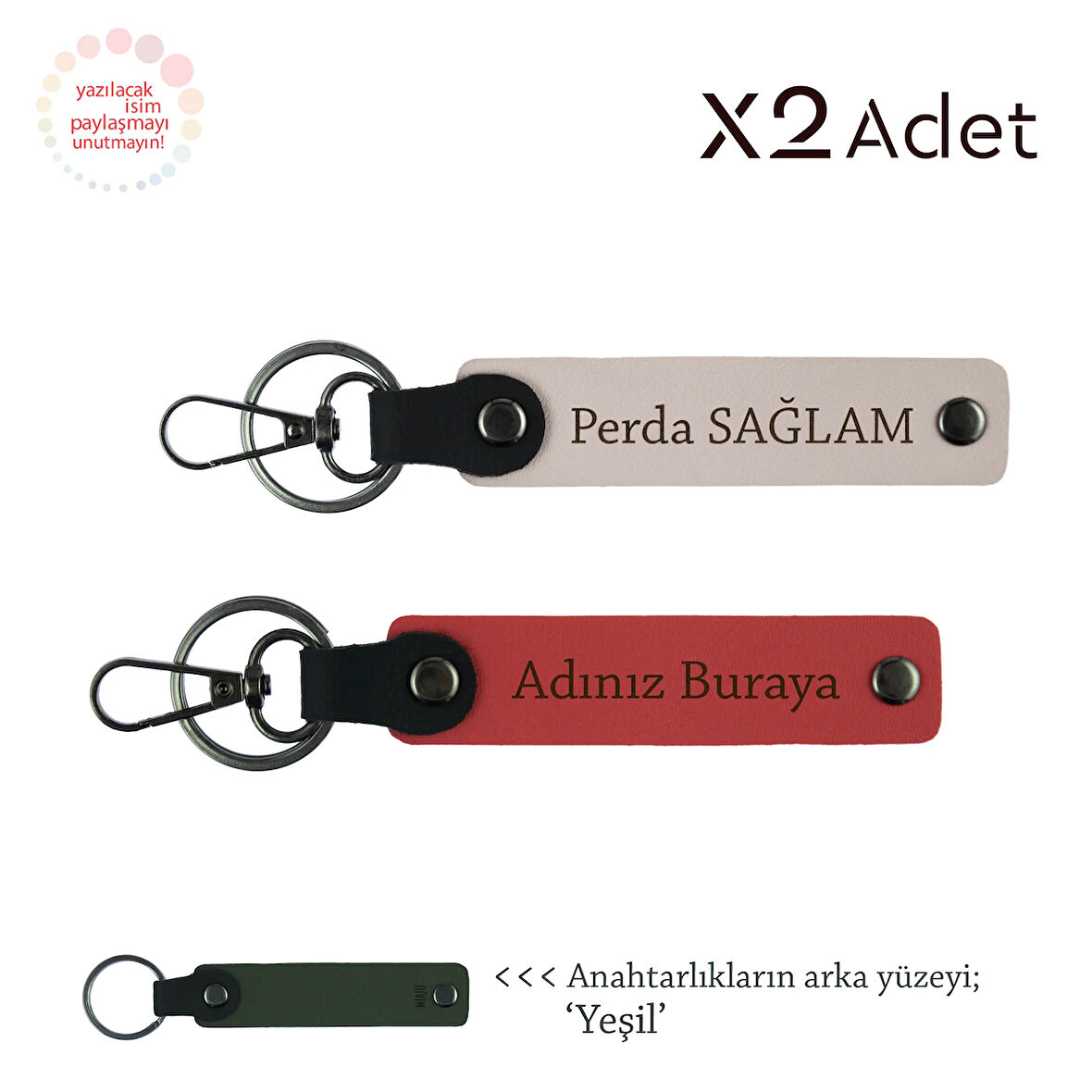 Teyzeye Anlamlı Sürpriz, İsimli 2’li Anahtarlık Takımı, Nar Çiçeği-Pudra-Yeşil