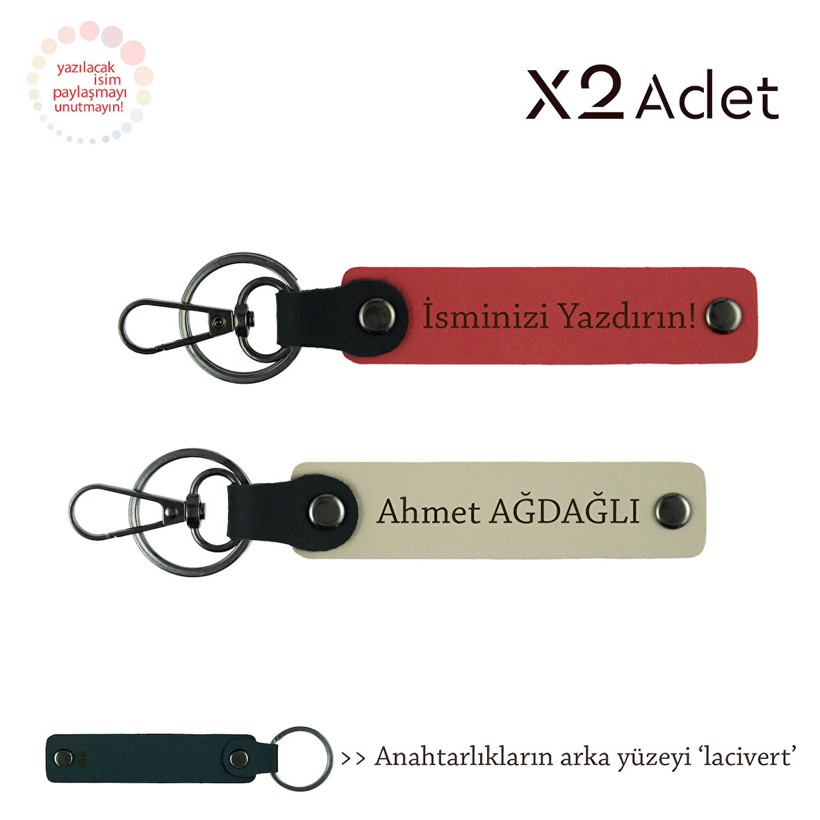 Komşuya Yılbaşı Jest, İsim & Soyisim Kişiselleştirilmiş 2’li Anahtarlık, Nar Çiçeği-S Kahve-Lacivert