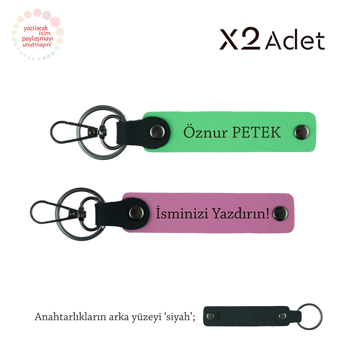 Babalar Gününe Anlamlı Sürpriz, İsimli & Soyisimli 2’li Anahtarlık Seti, Pembe-Fıstık Yeşil-Siyah