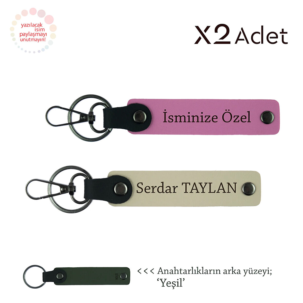 Öğretmene Romantik Jest, İsimli & Soyisimli 2’li Anahtarlık Takımı, Pembe-Sütlü Kahve-Yeşil
