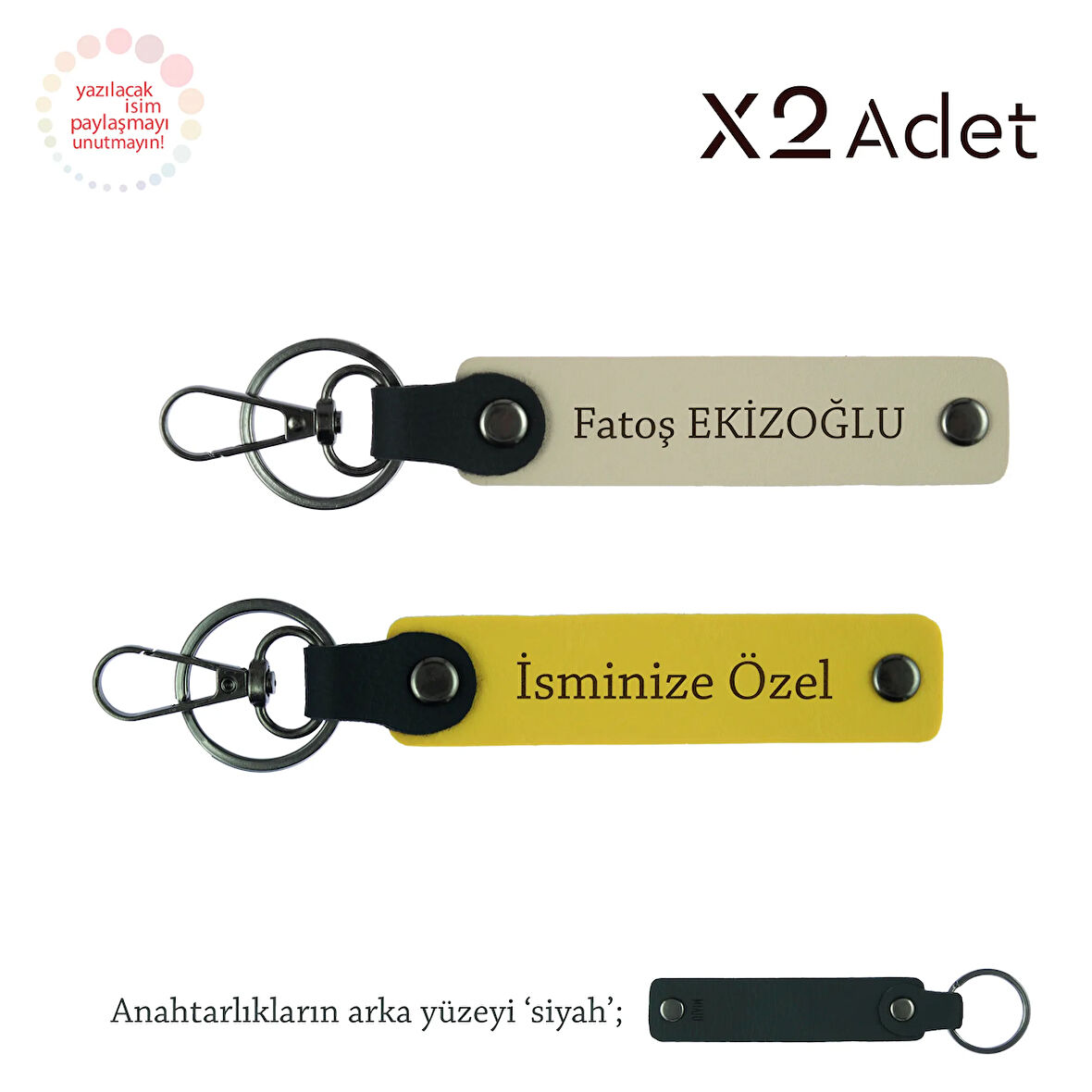Sevgiliye Doğum Günü Jest, İsim Yazılı 2’li Anahtarlık Seti, Sarı-Sütlü Kahve-Siyah