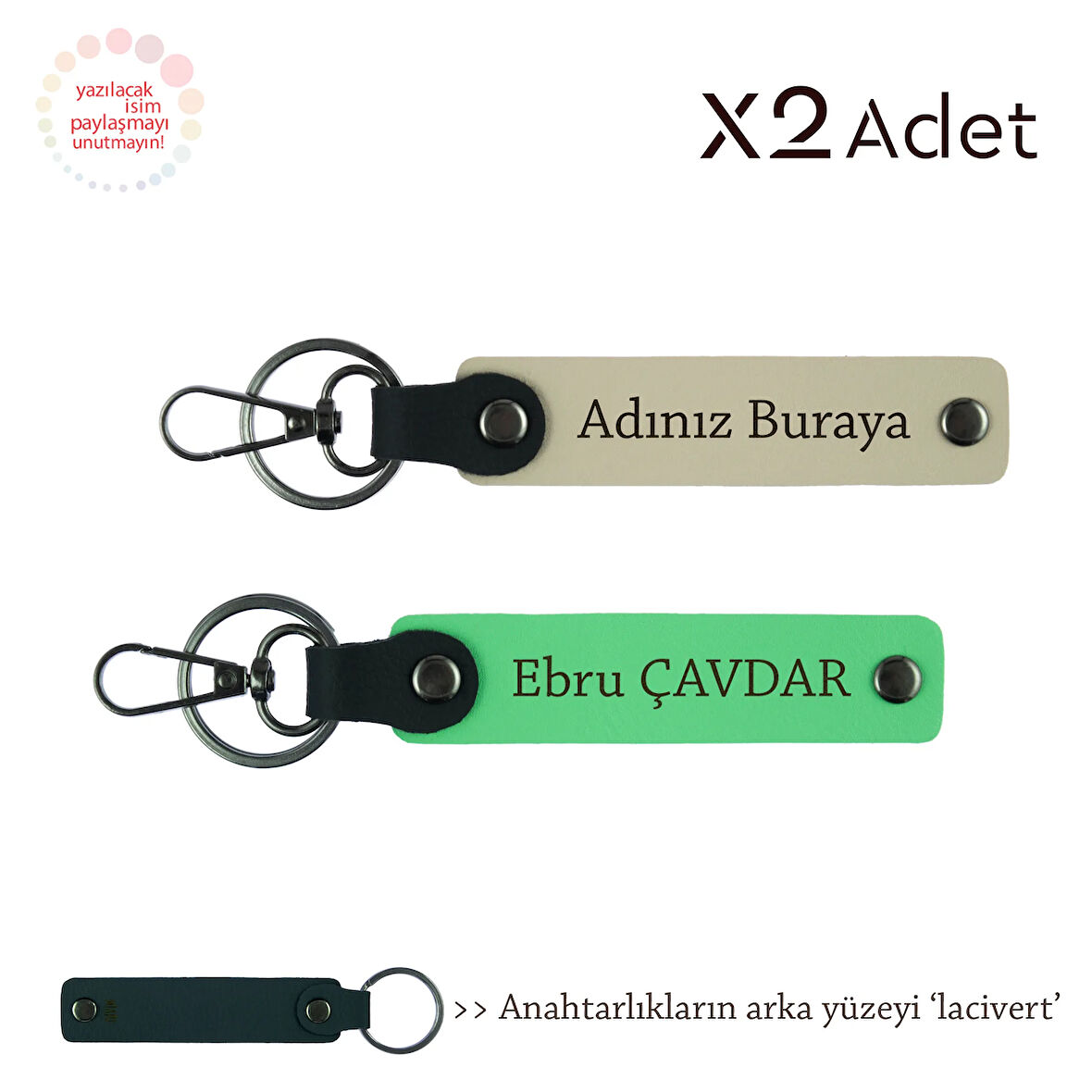 Babalar Gününe Anlamlı Sürpriz, İsim Yazılı 2’li Anahtarlık Seti, Sütlü Kahve-Fıstık Yeşil-Lacivert