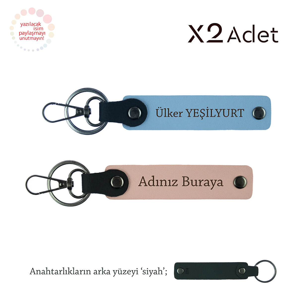 Kardeşe Yılbaşı Armağanı, İsim Yazılı 2’li Anahtarlık Seti, Yavru Ağzı-Gök Mavi-Siyah