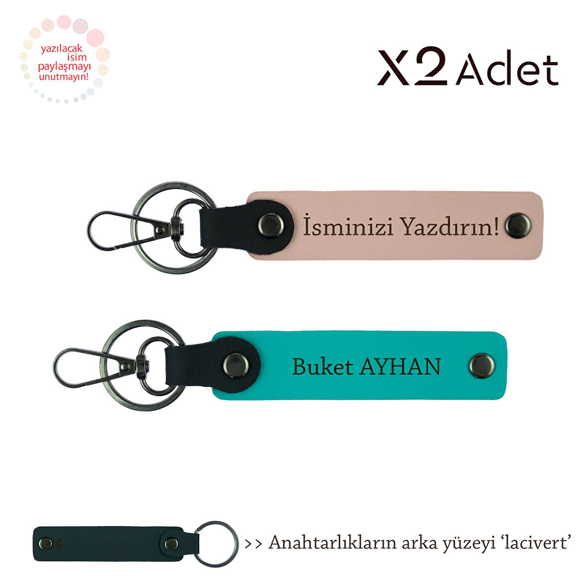 Öğrenciye Doğum Günü Hediyesi, İsim Yazılı 2’li Anahtarlık Seti, Yavru Ağzı-Koyu Turkuaz-Lacivert