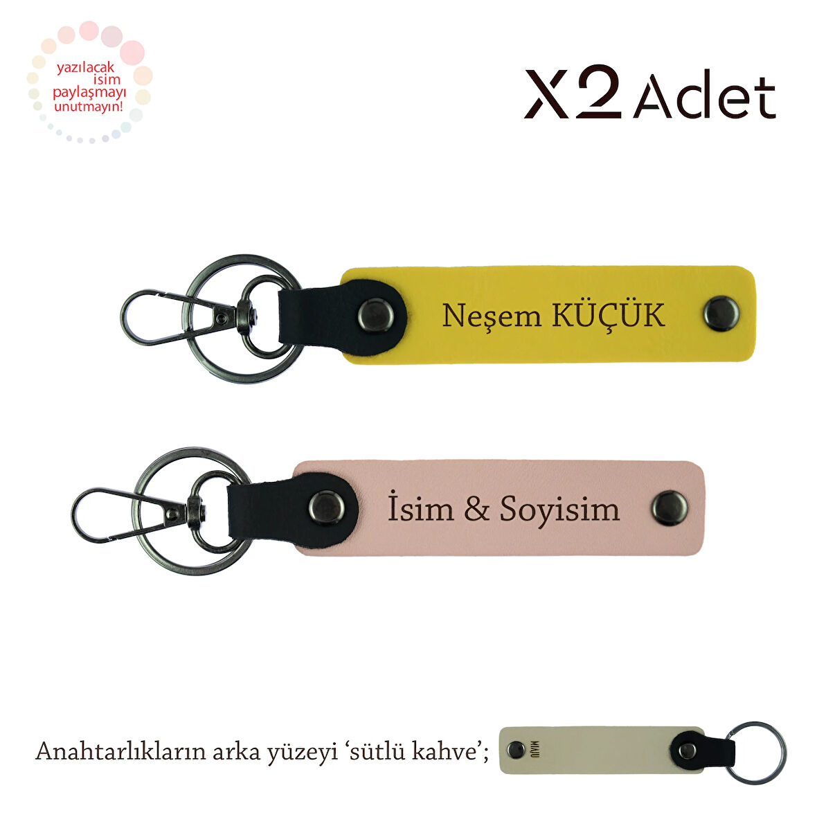 Komşuya 14 Şubat Armağanı, İsimli 2’li Anahtarlık Takımı, Yavru Ağzı-Sarı-Sütlü Kahve