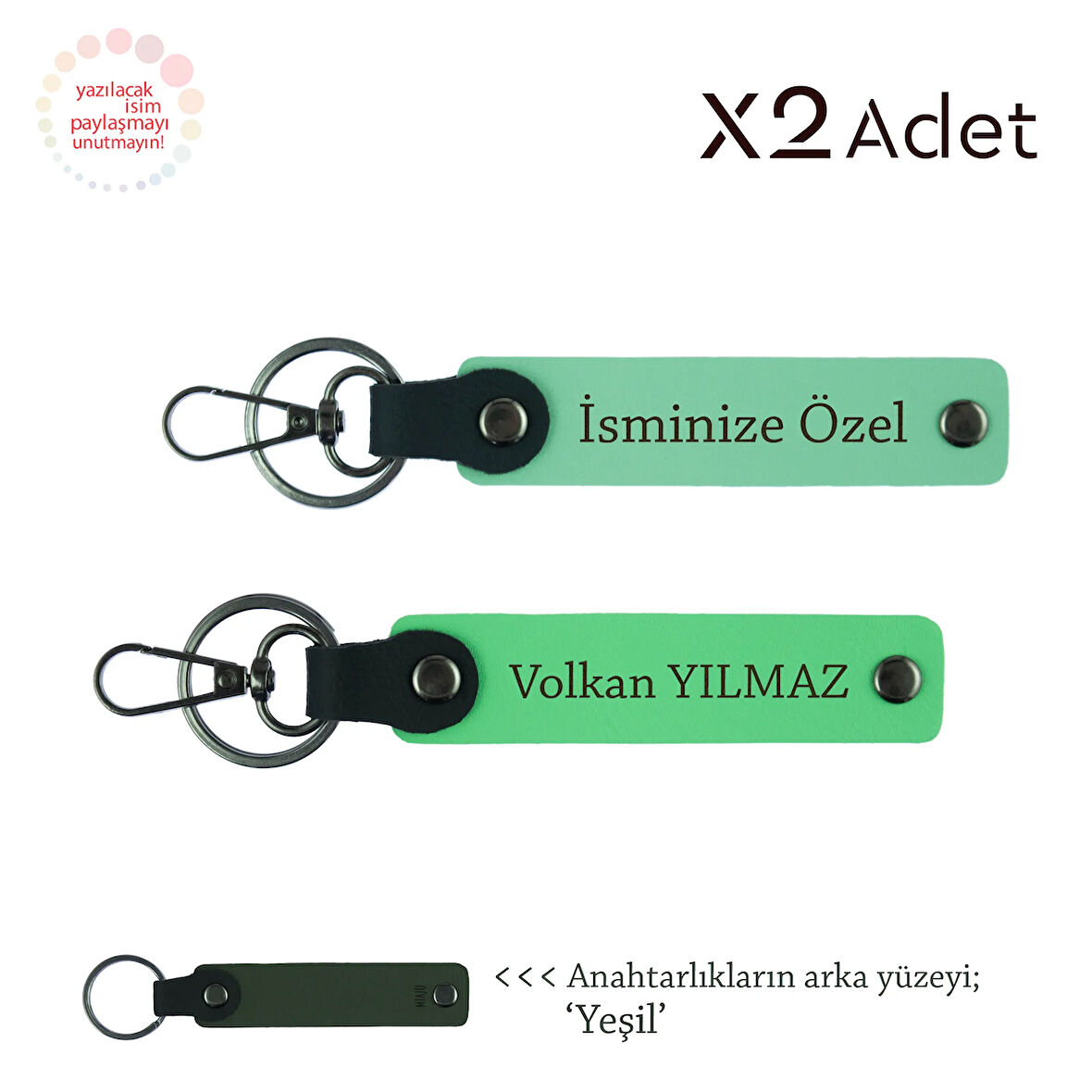 Patrona Manevi Sürpriz, İsim & Soyisim Kişiselleştirilmiş 2’li Anahtarlık, Yeşil-Fıstık Yeşil-Yeşil