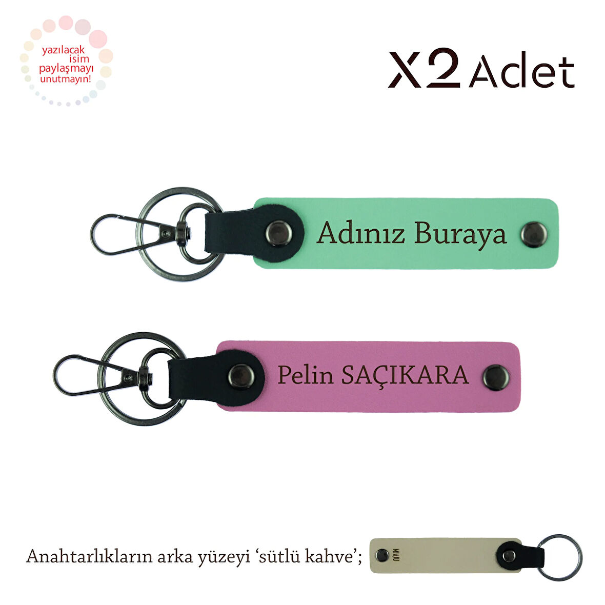 Hemşireye 14 Şubat Hediyesi, İsim & Soyisim Yazılı 2’li Anahtarlık Seti, Yeşil-Pembe-Sütlü Kahve