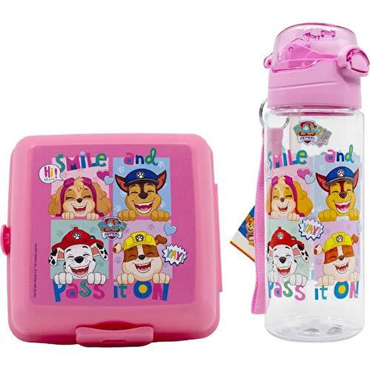 Pembe Paw Petrol Şeffaf Matara 500ml + Paw Petrol Beslenme Kabı - Lisanslı Paw Petrol Pipetli Matara