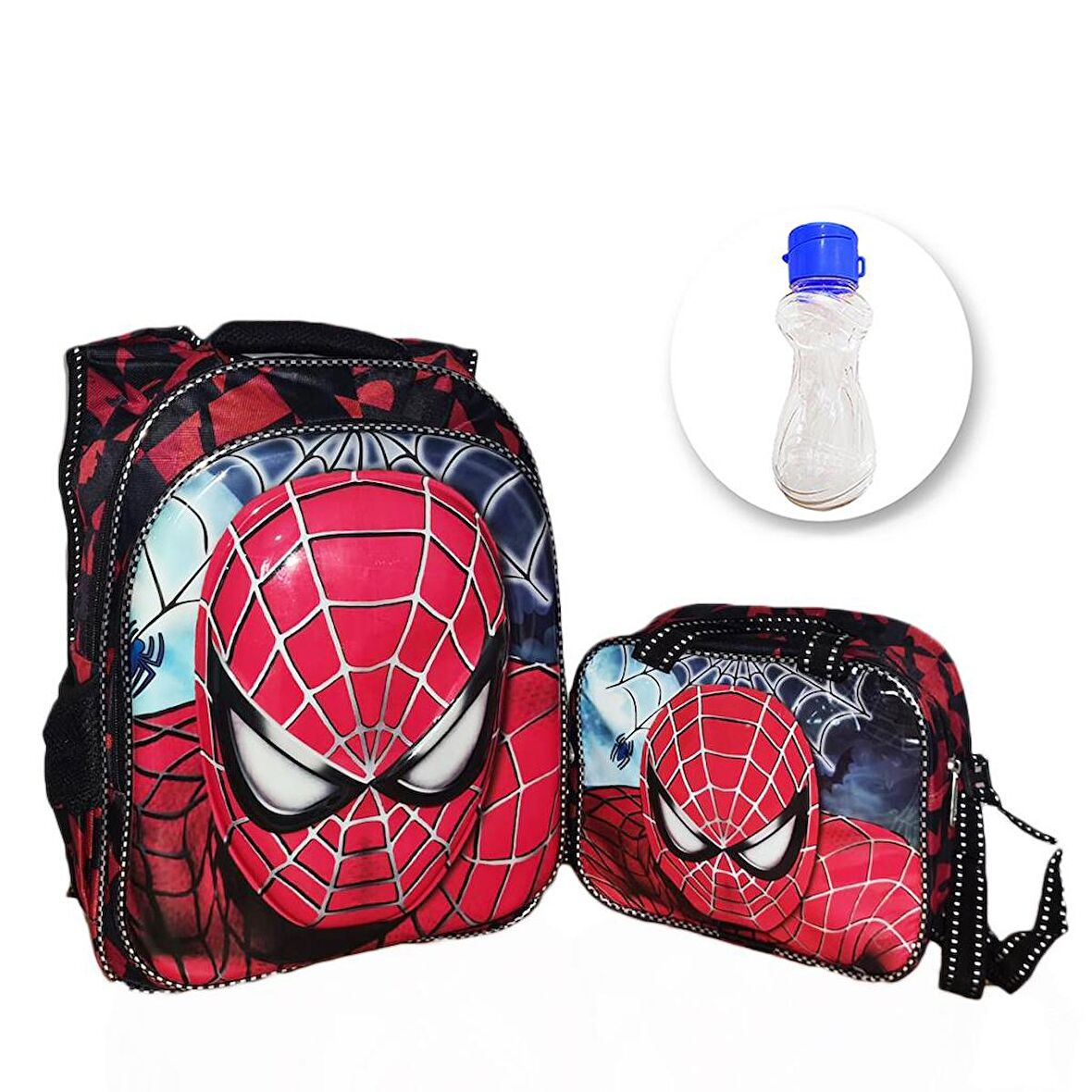 2 Gözlü Spiderman Sırt Çantası + Beslenme + Suluk - Örümcek Adam İlkokul Çantası - Okul Çantası
