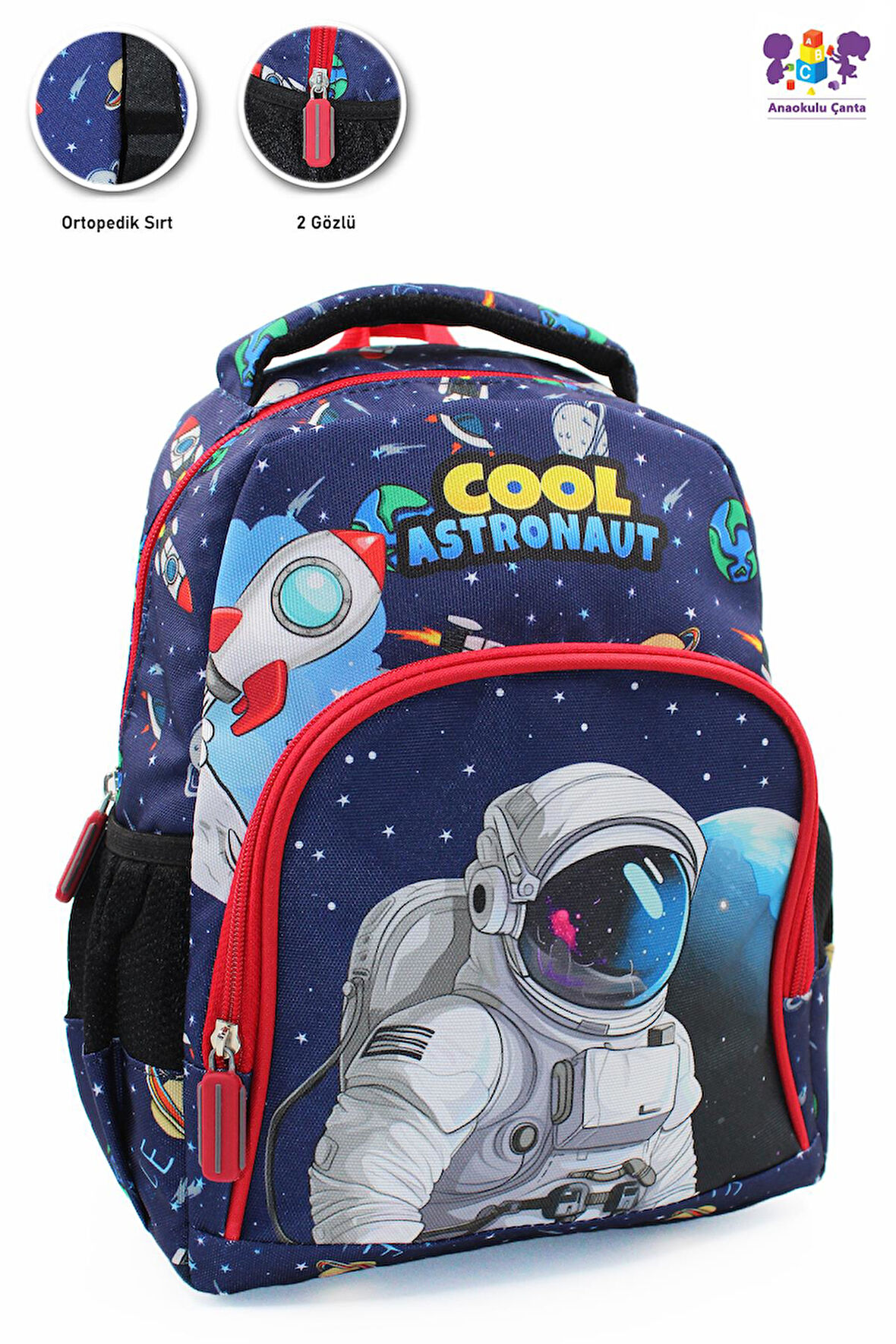 2 Gözlü Jet Cool Astronot Anaokulu Çantası - Erkek Çocuk Çanta Kreş Çantası - Astronot Çanta