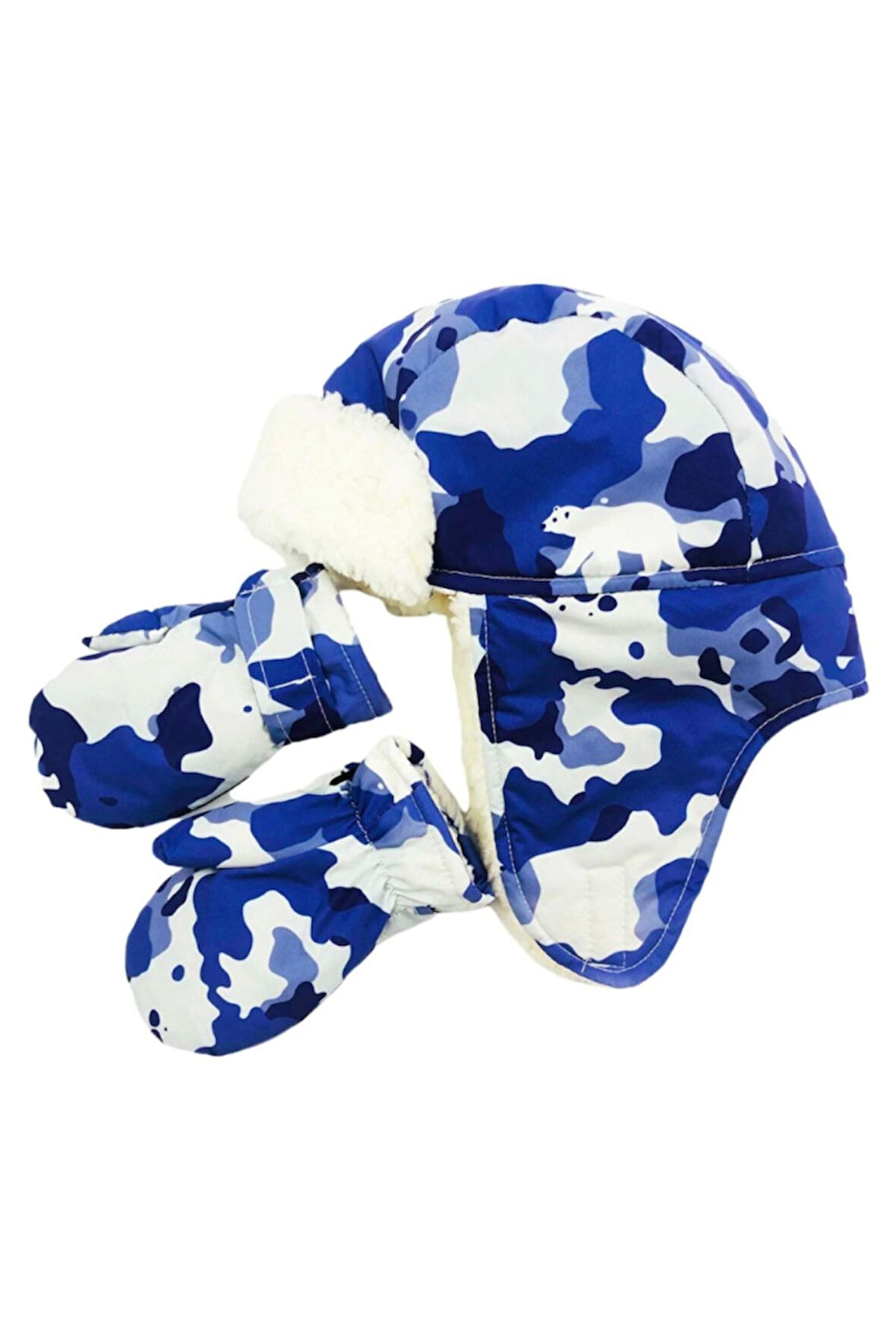 Petityu Su Geçirmez Bere Eldiven Set - İçi Pufudik Yumusacik Kürklü Mavi Laci Beyaz Kamuflaj