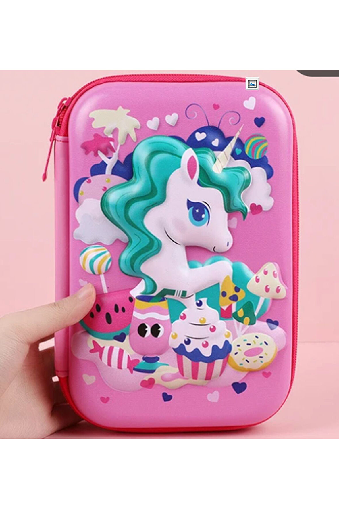 Petityu Unicorn Fuşya Pembe Cupcake 3D Dikdörtgen Büyük Kapasiteli Kız Çocuk Kalem Kutu