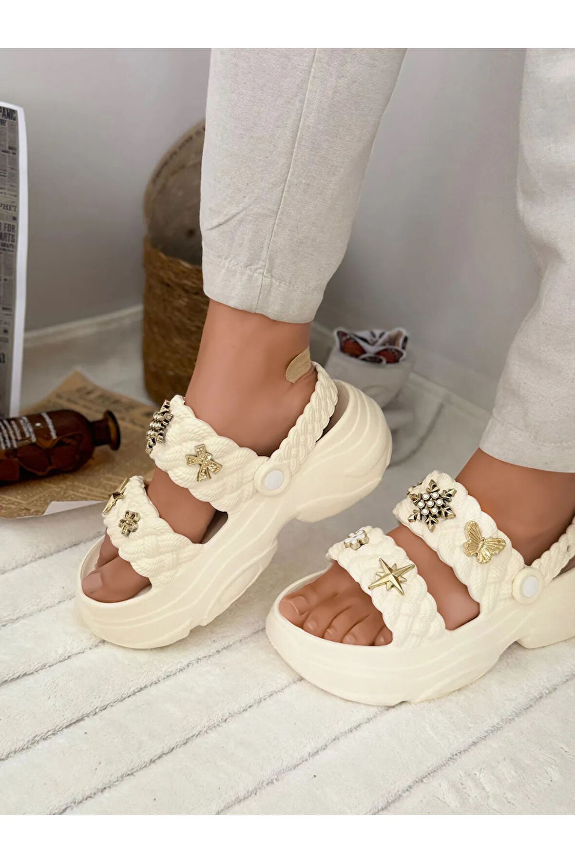 Kadın Örgü Detaylı Taşlı Platform Sandalet Terlik 0169