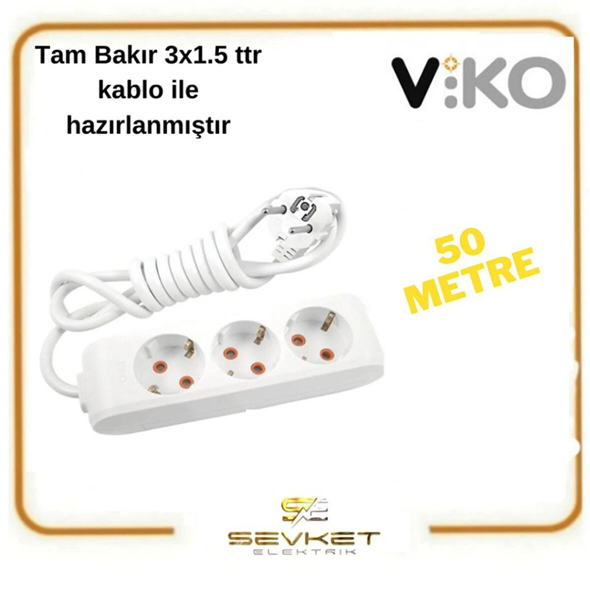 VİKO 5'li 50 Metre Topraklı Grup Priz 3x1.5 Kablolu