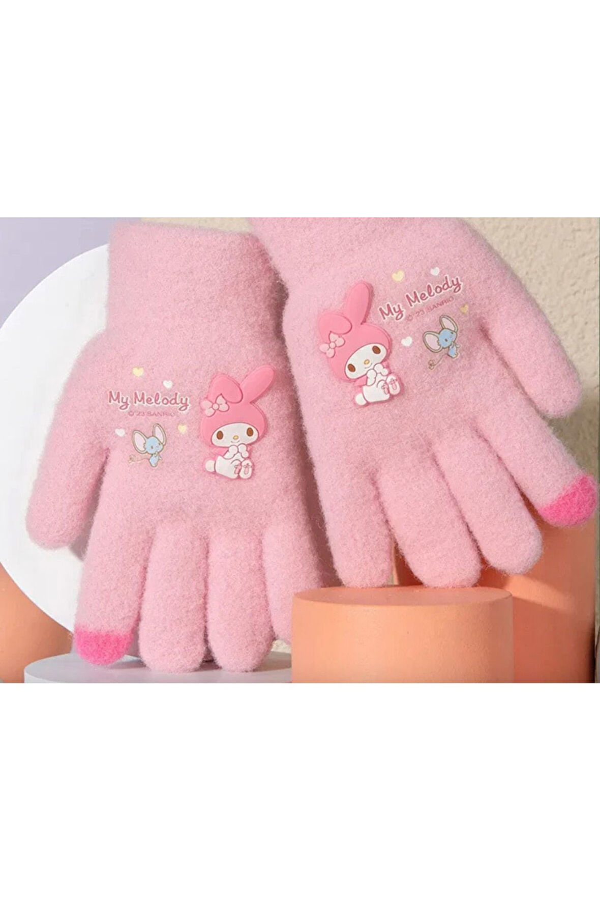 Petityu Pembe Örme Yumuşacık Sıcacık Eldiven Hello Kitty- My Melody - Pembe Parmak Ucu Detay 3-8 yaş
