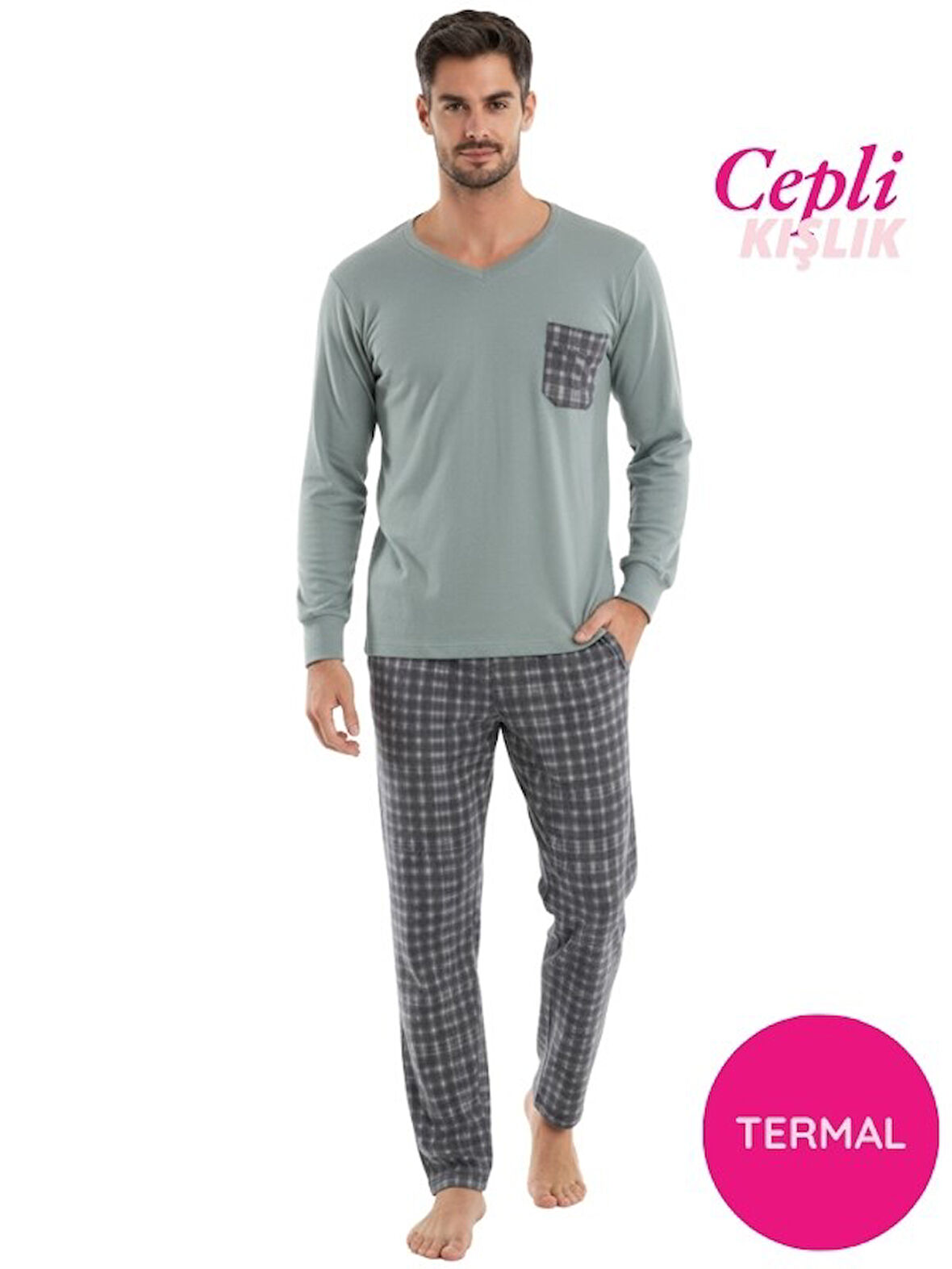 Erkek V Yaka Düğmesiz Göğüs Cepli Yumuşak Termal Bilek Manşetli Kışlık Uzun Kol Cepli Pijama Takımı 