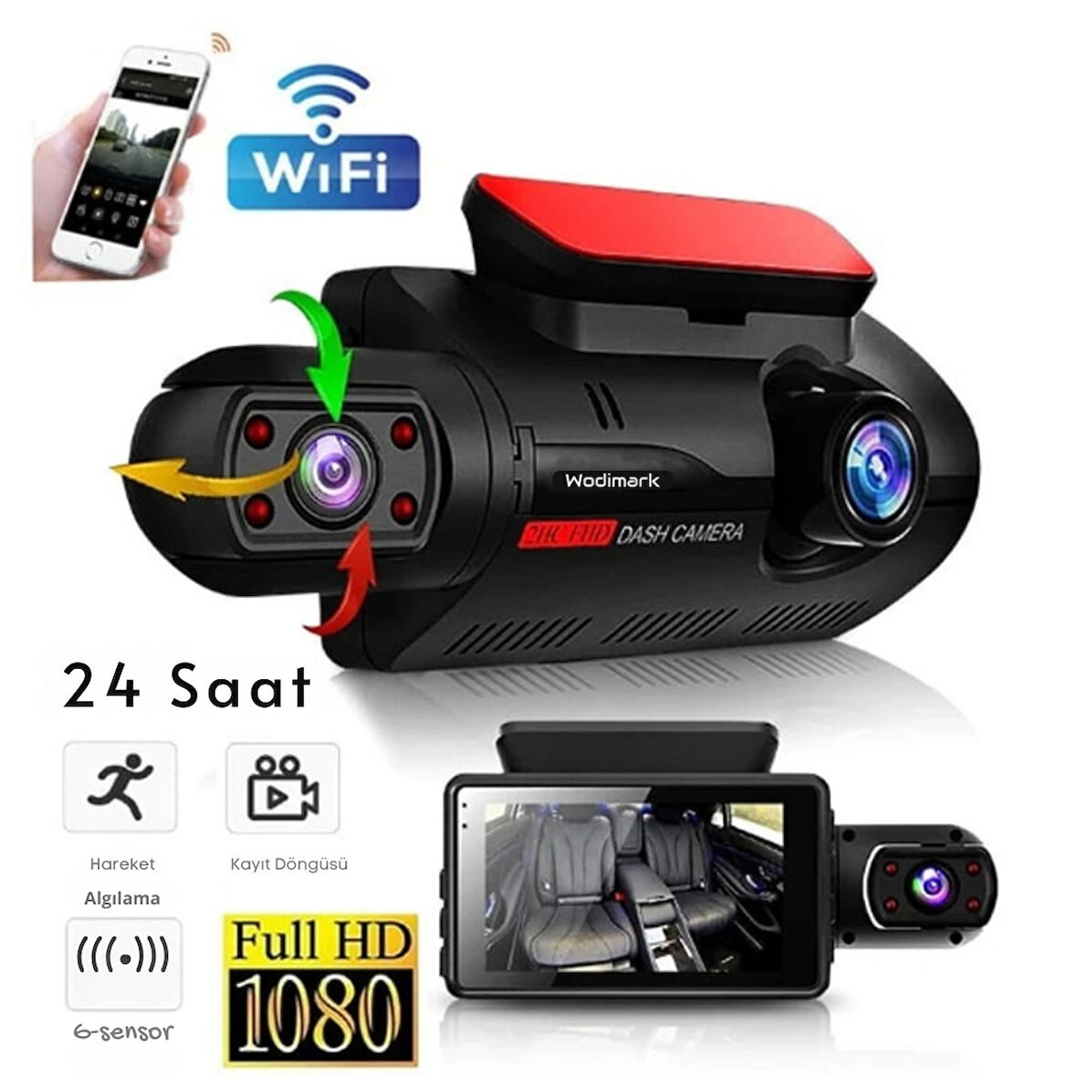 Wodimark A68 Full HD 1080P Araç Kamerası – Çift Lensli, Gece Görüşlü, G-Sensörlü, 360° Dönen Dashcam, 32GB Hafıza Desteği, USB & HDMI