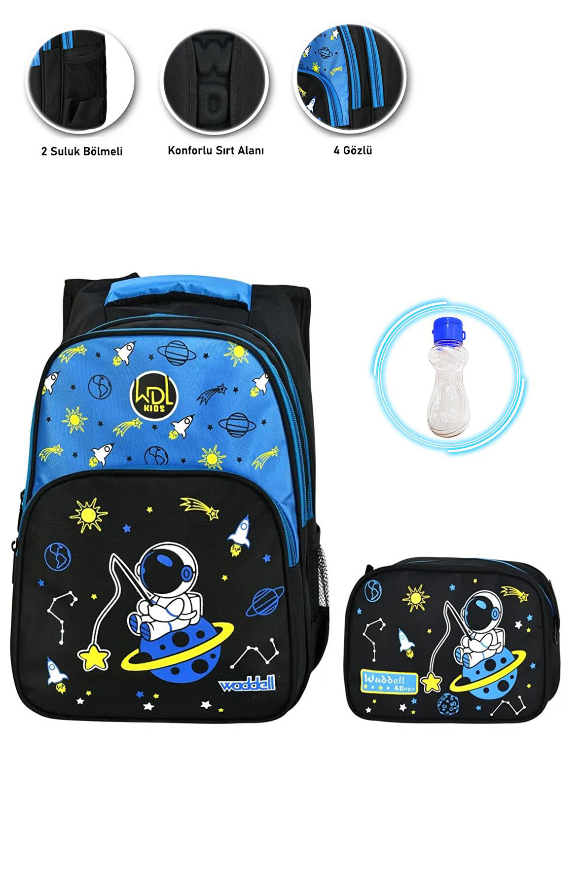 Oltalı Astronot Okul Çantası + Beslenme + Suluk - Uzay Çanta İlkokul Çantası Sırt Çantası