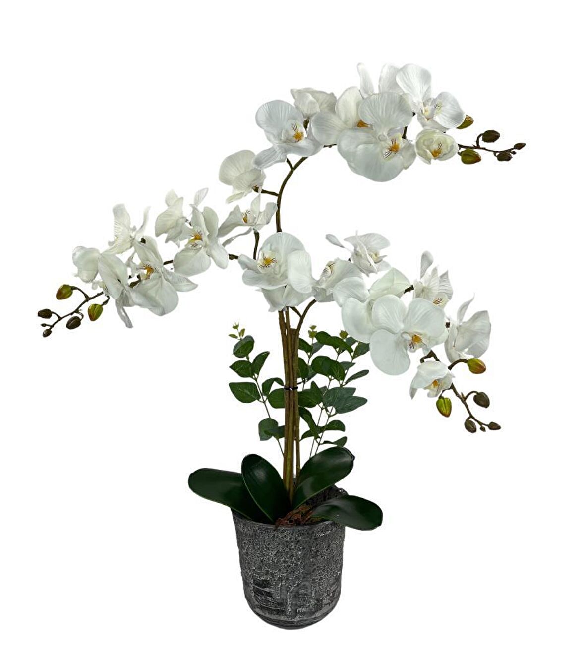 Yapay Çiçek 3lü Beyaz Orkide Seramik Saksıda Orkide 60cm